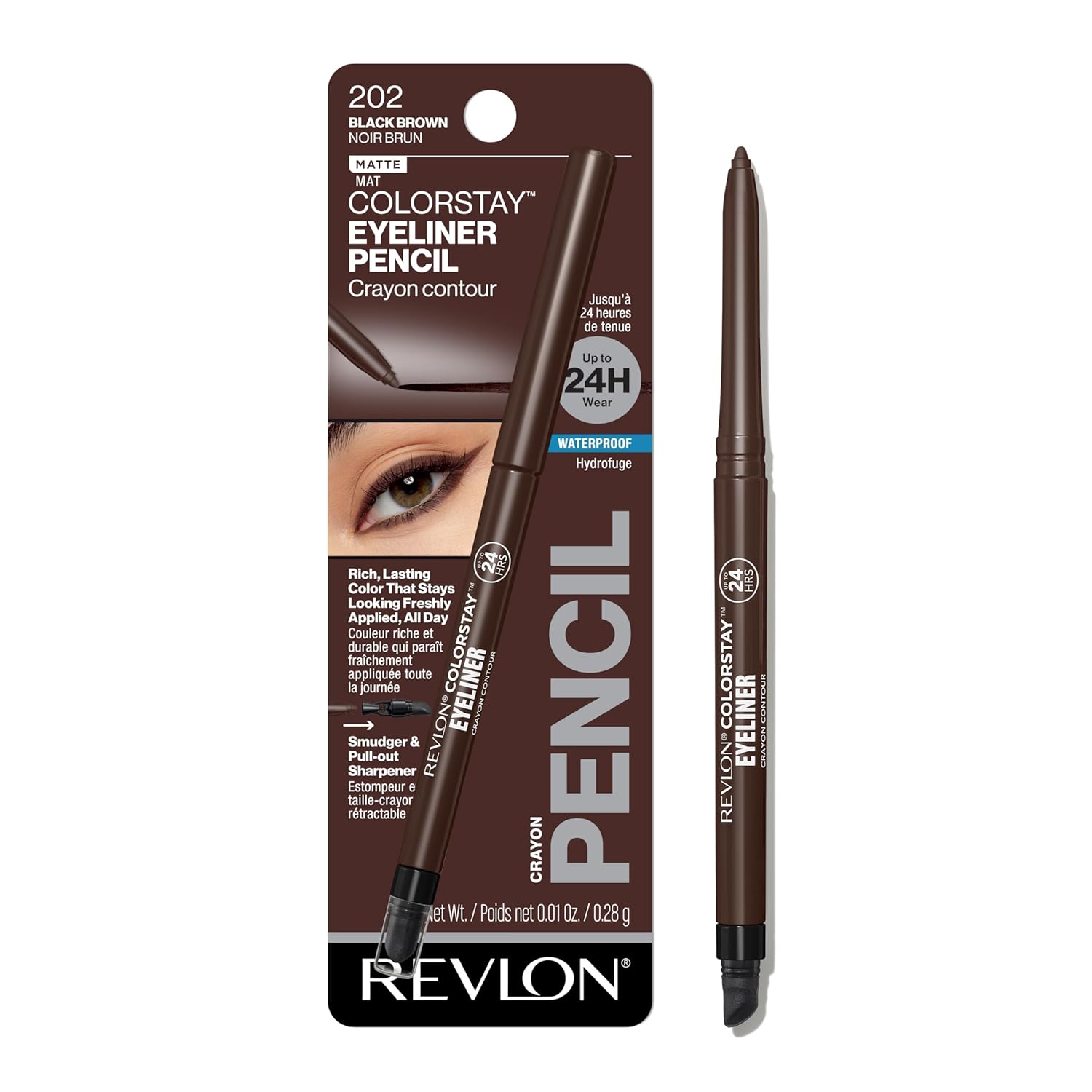 Revlon ColorStay Pencil Waterproof Eyeliner, Smudge-Proof, Eye Makeup with Built-In Sharpener, Long-Lasting, Matte Finish, 202 Black Brown, 0.01 oz