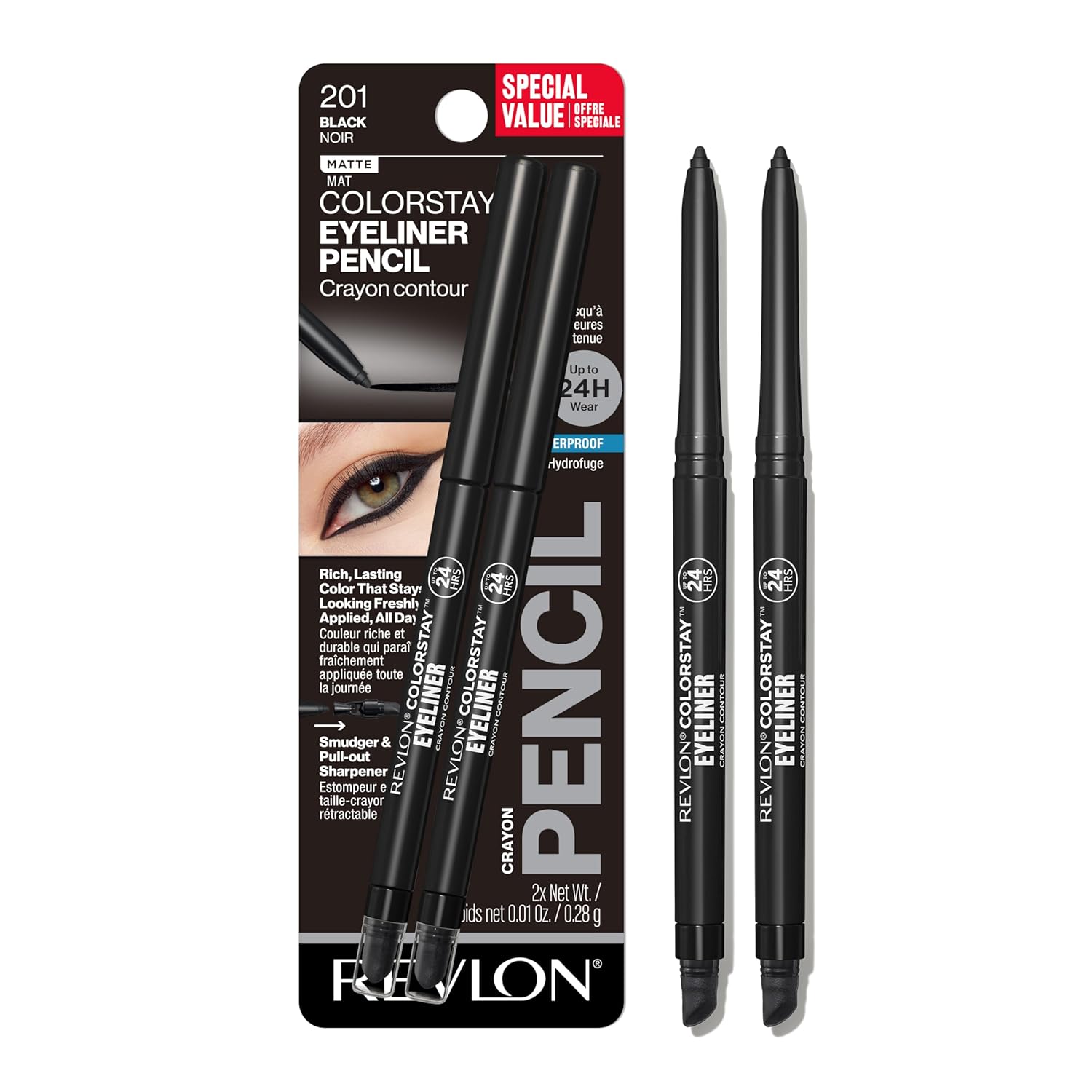 Revlon ColorStay Pencil Waterproof Eyeliner, Smudge-Proof, Eye Makeup with Built-In Sharpener, Long-Lasting, Matte Finish, 202 Black Brown, 0.01 oz