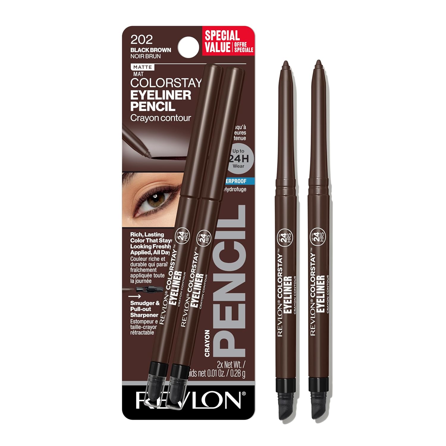 Revlon ColorStay Pencil Waterproof Eyeliner, Smudge-Proof, Eye Makeup with Built-In Sharpener, Long-Lasting, Matte Finish, 202 Black Brown, 0.01 oz