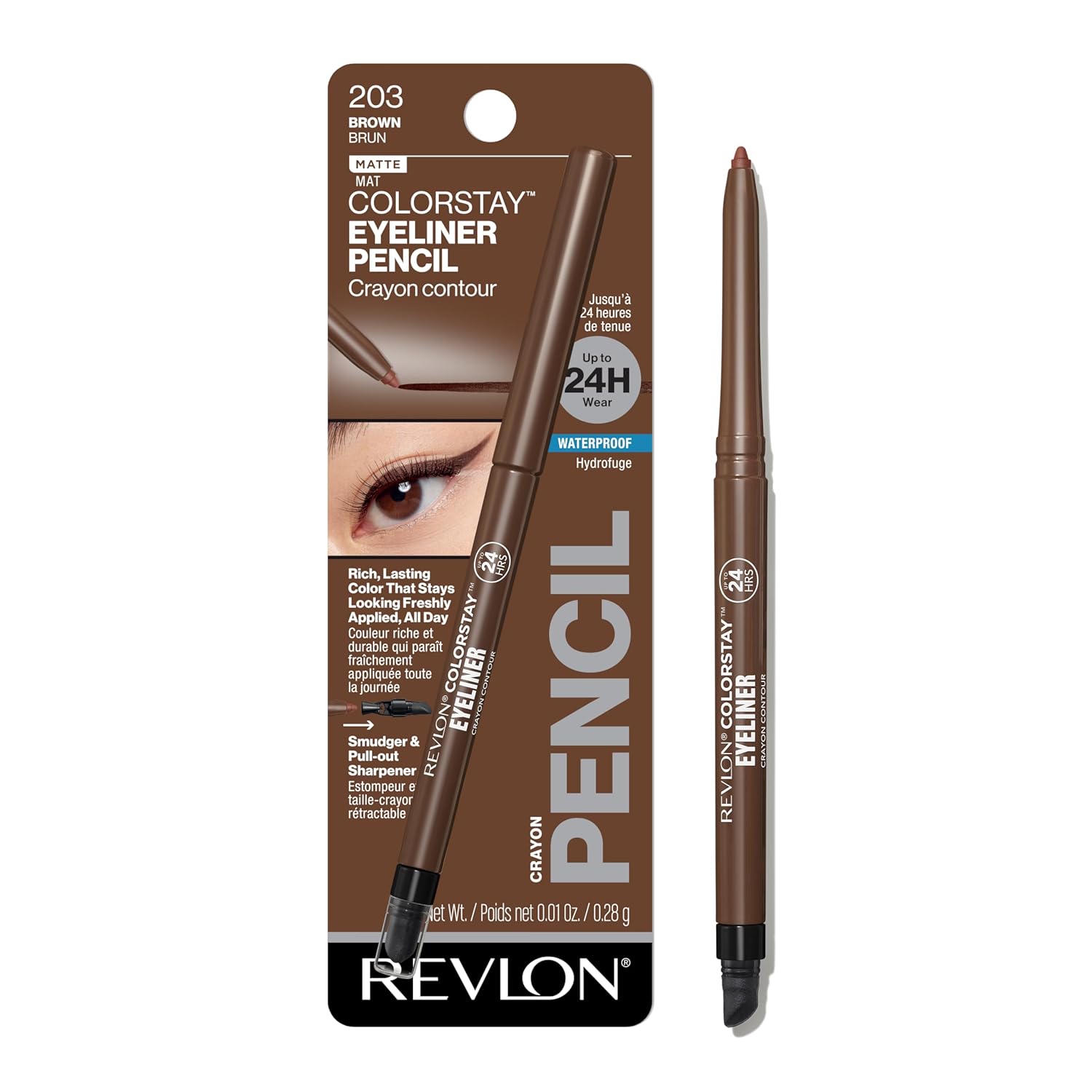 Revlon ColorStay Pencil Waterproof Eyeliner, Smudge-Proof, Eye Makeup with Built-In Sharpener, Long-Lasting, Matte Finish, 202 Black Brown, 0.01 oz