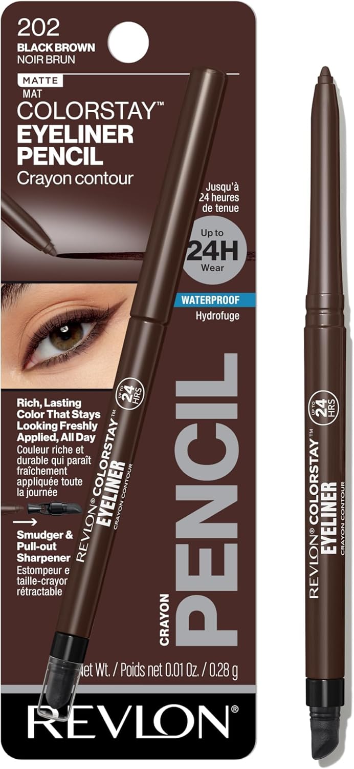 Revlon ColorStay Pencil Waterproof Eyeliner, Smudge-Proof, Eye Makeup with Built-In Sharpener, Long-Lasting, Matte Finish, 202 Black Brown, 0.01 oz